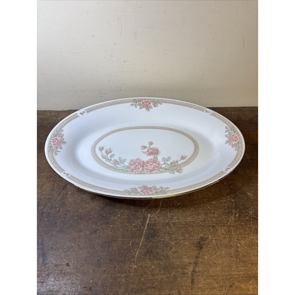 Crown Ming Jian Shiang Fine China Oval Serving Platter Pink Roses Gold Trim 14"